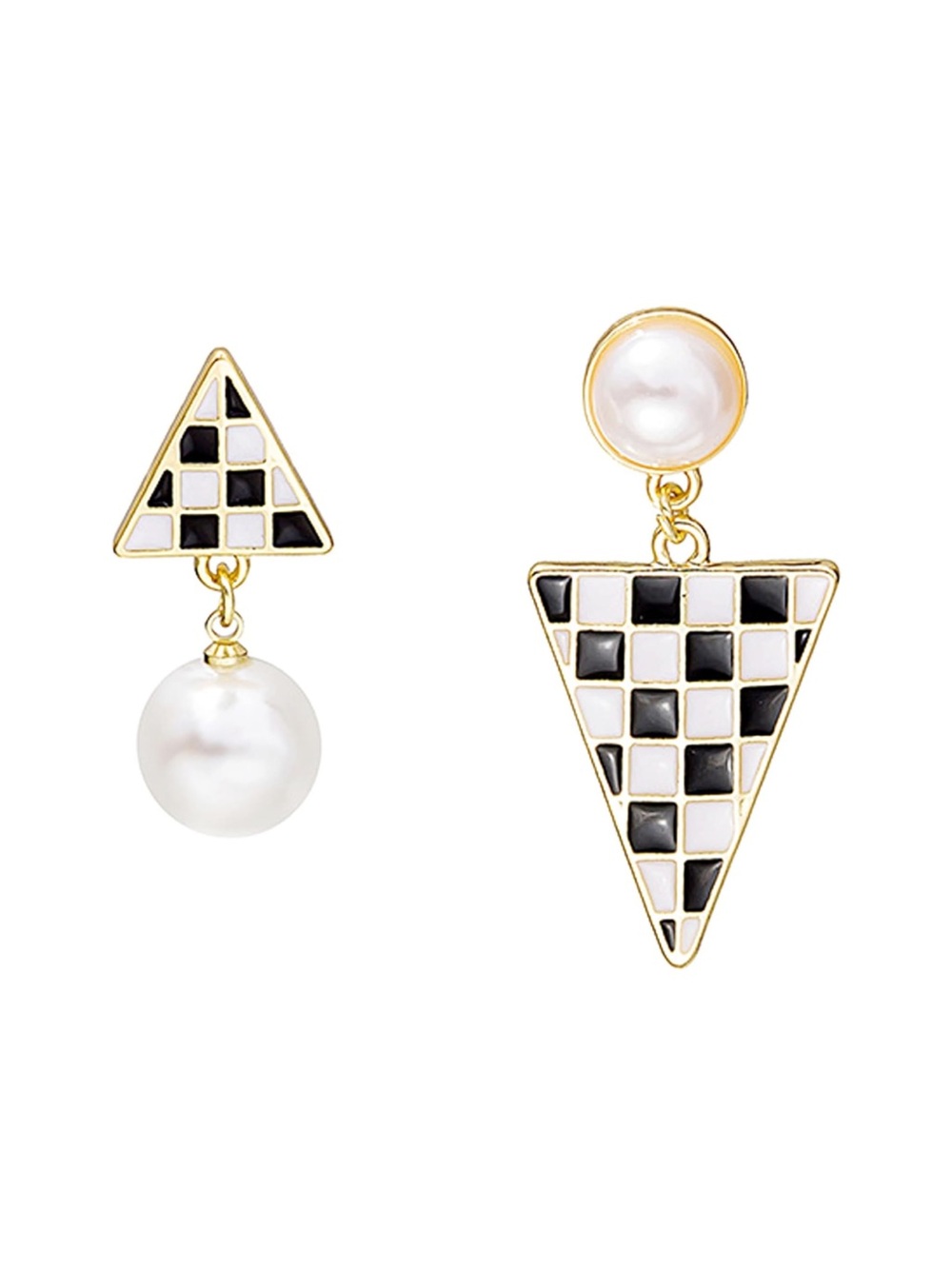 Gold-Tone Black & White Checker Pearl Drop Earrings